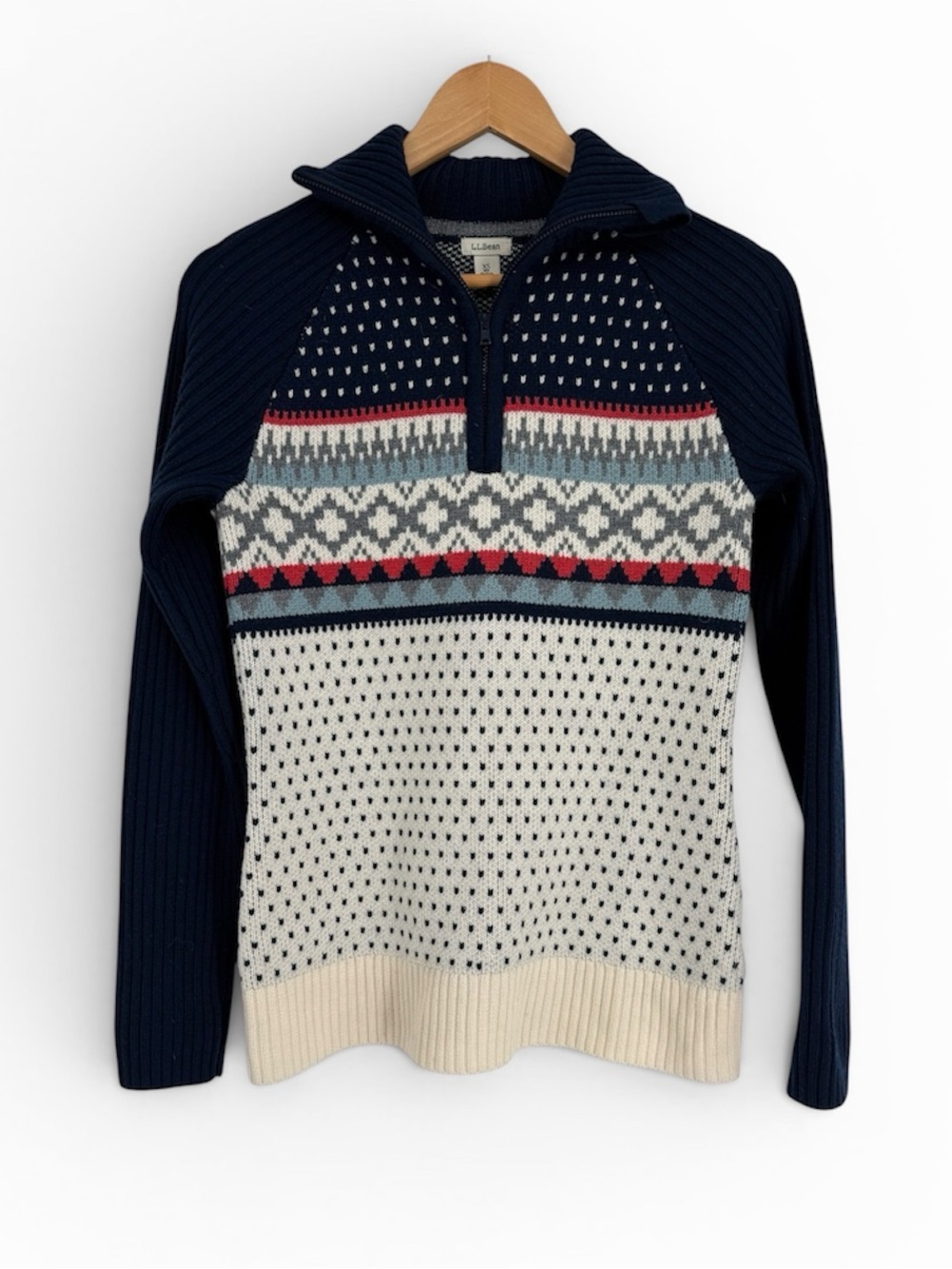 L.L. Bean Women’s 100% Merino Wool Sweater  Fair Isle Size XS 1/4 Zip Bird’s Eye